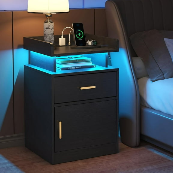 Frmobepts LED Nightstand with Wireless Charging Station Modern Nightstand 2 Drawers Bedside Table Black Smart Night Table High Gloss End Side Table for Bedroom