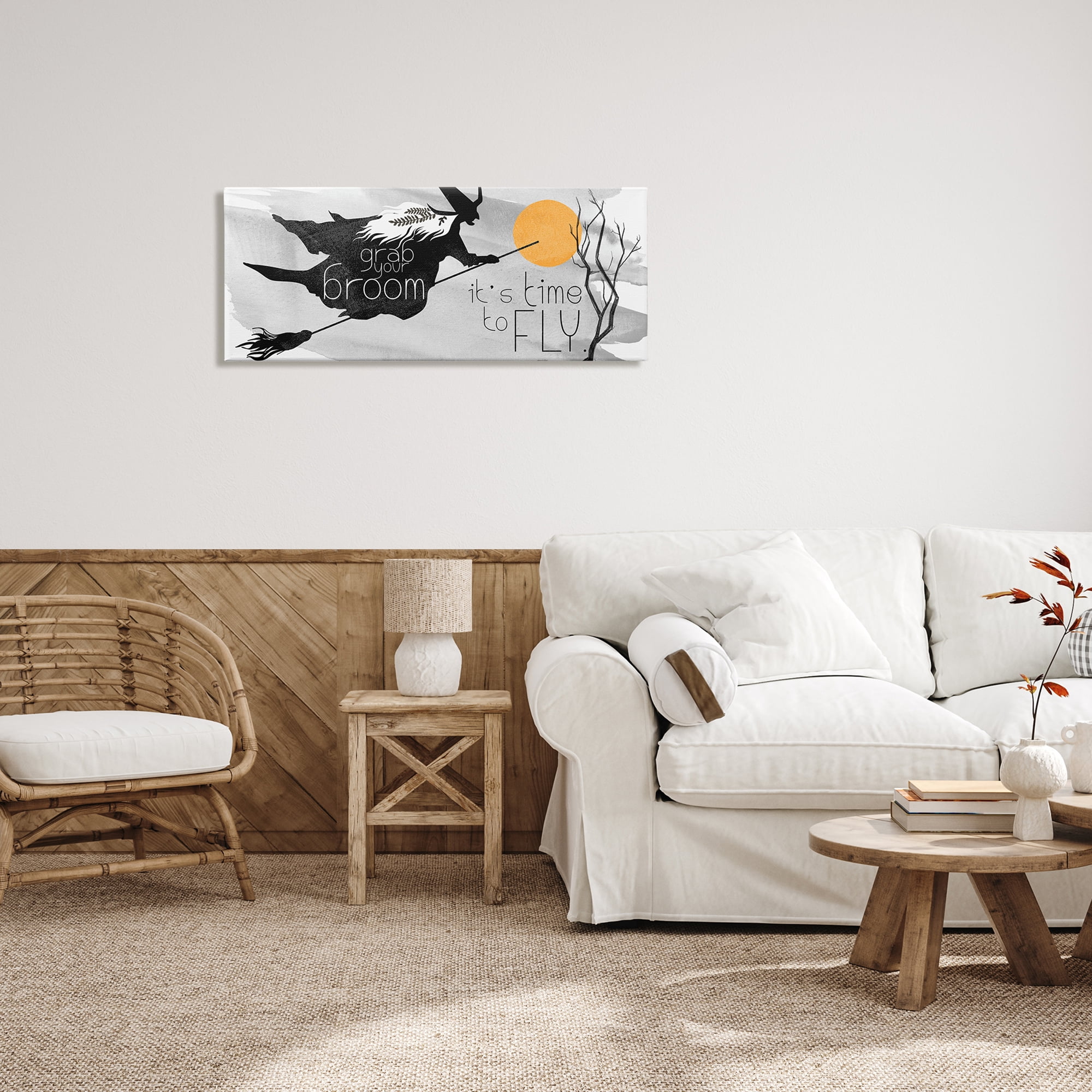 Flying Witch Broom Typography Nighttime Halloween Sky Fairy Tales & Fantasy Graphic Art Gallery-Wrapped Canvas Print Wall Art