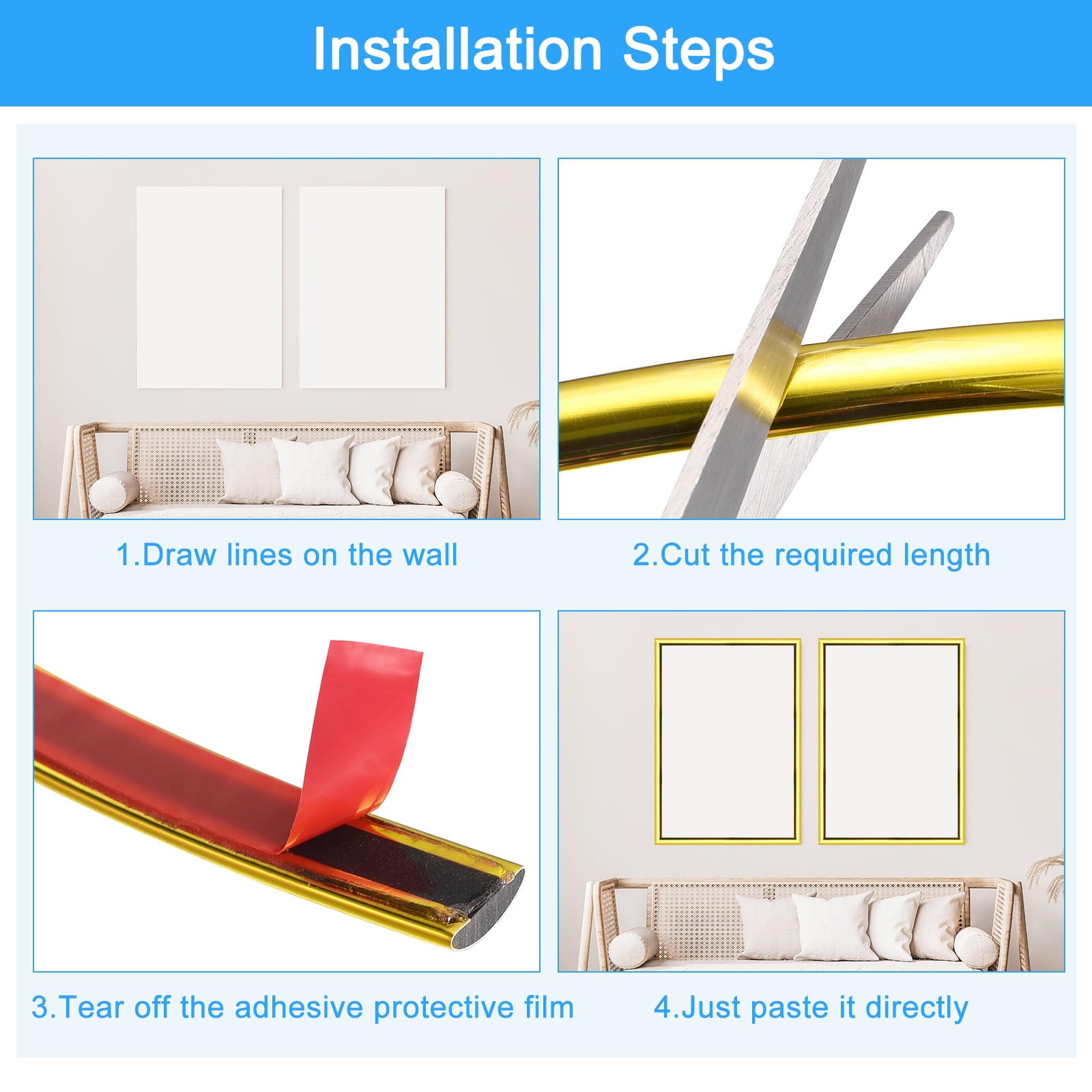 10Ft Peel And Stick Flexible Wall Molding – Matte Gold, Waterproof Self-Adhesive Trim For Mirror Frame, Baseboard, And Decorative Edges
