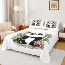 Feelyou Cute Cartoon Panda Queen Sheet Sets for Kids, Kawaii Animal Lover Flat Sheet, Pink Flower Floral Queen Fitted Sheet, Super Cozy Room Decor, 4-Piece