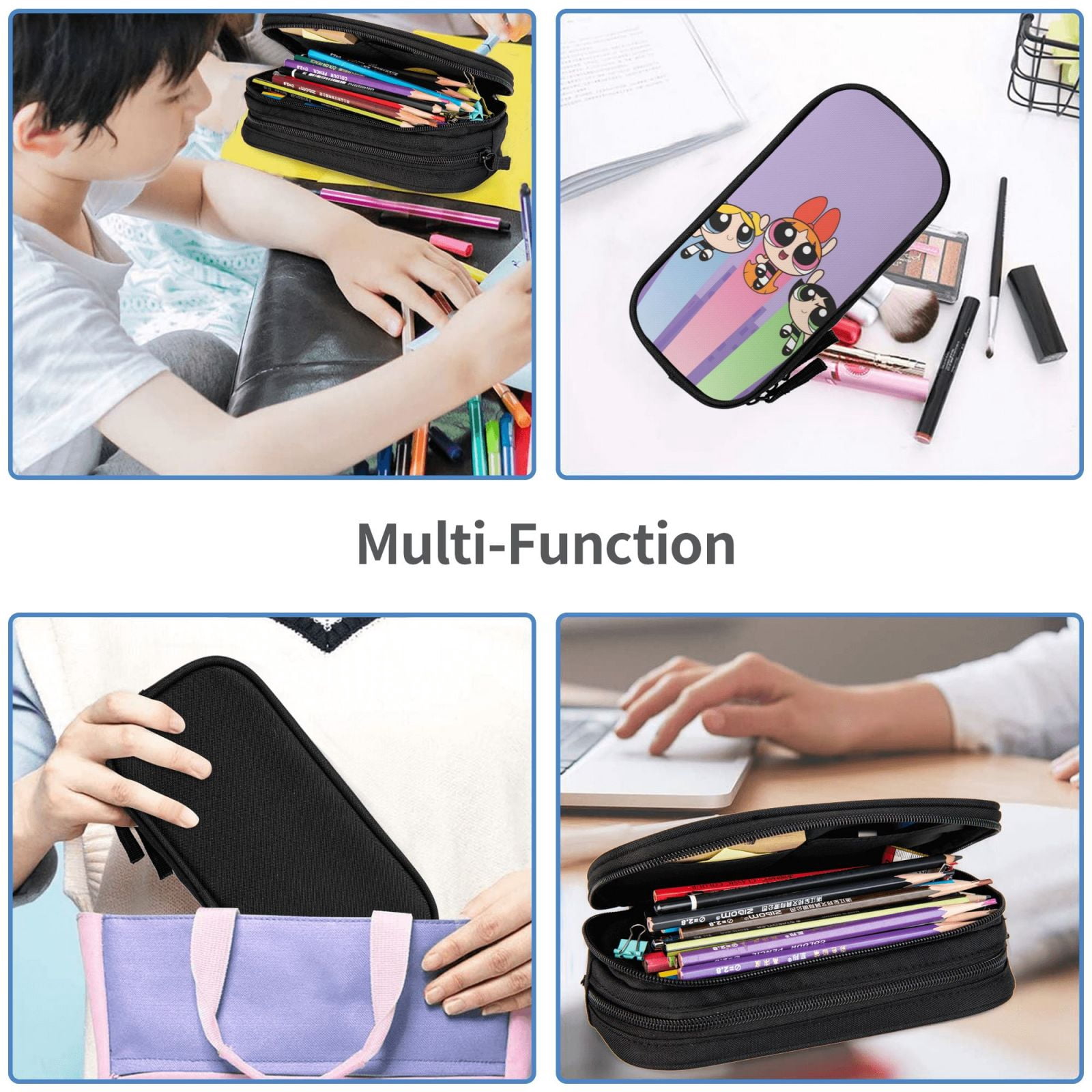 The Powerpuff Gi-rls Pencil Case Large Capacity Pencil Pouch Pen Bag Office Stationery Organizer Travel Makeup Bag Black