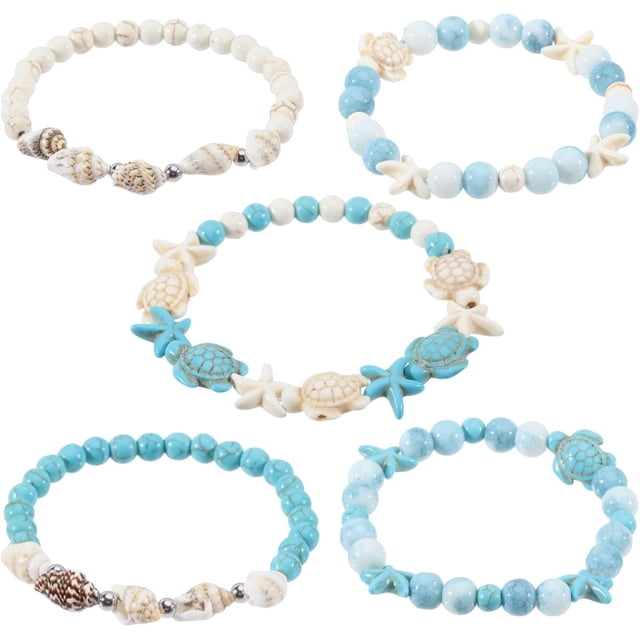 Pulsera de estrella de mar de playa de 5 piezas, pulsera turquesa con cuentas de concha, pulsera de estrella de mar turquesa con cuentas, accesorios de joyería para hombres y mujeres