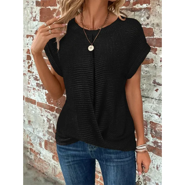 Camiseta de tejido de punto de Color liso para mujer, Tops sueltos informales cómodos para viajeros, jersey de manga corta con cuello redondo, camisetas para mujer