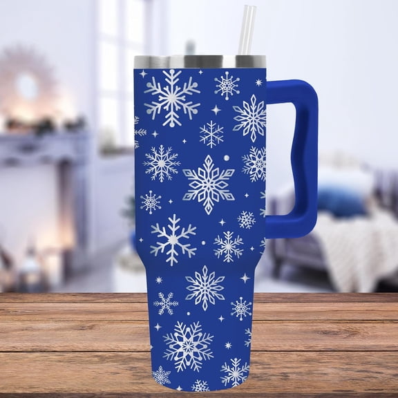 Winter Tumbler 40 Oz Blue Silver Foil Snowflake Tumbler with Lid Straw Holiday Stainless Steel Cup with Handle for Christmas Xmas Winter Gift Home Office Travel