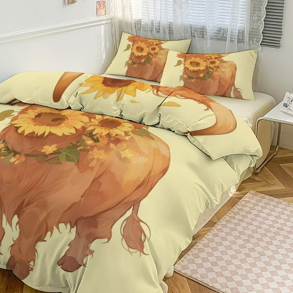 3 Pcs Soft Bedding Set, Includes 1 Duvet Cover with Zipper And 2 Pillow,Shams Highland Cow with Sunflowers Twin(86"x70")