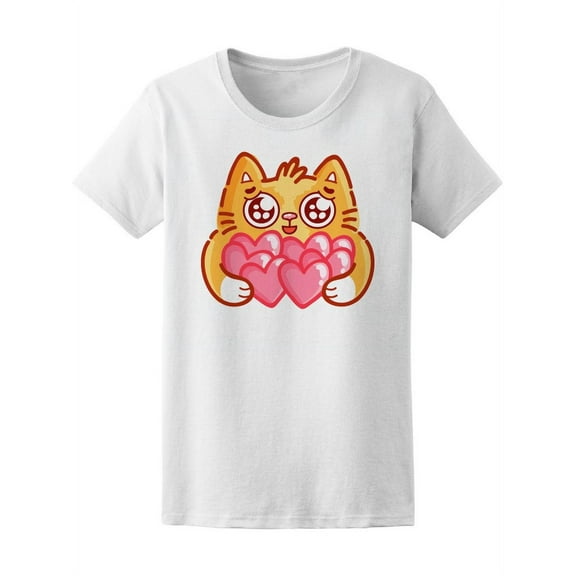 Cute Ginger Cat In Love Hearts T-Shirt Women -Image by Shutterstock, Female Small