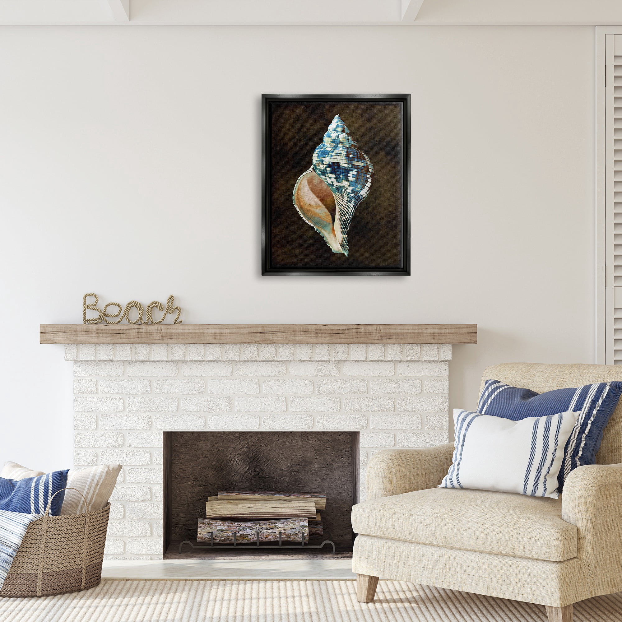 Stupell Industries Dark Patterned Conch Shell Nature Painting Black Floater Framed Canvas Art Print Wall Art, 25 x 31