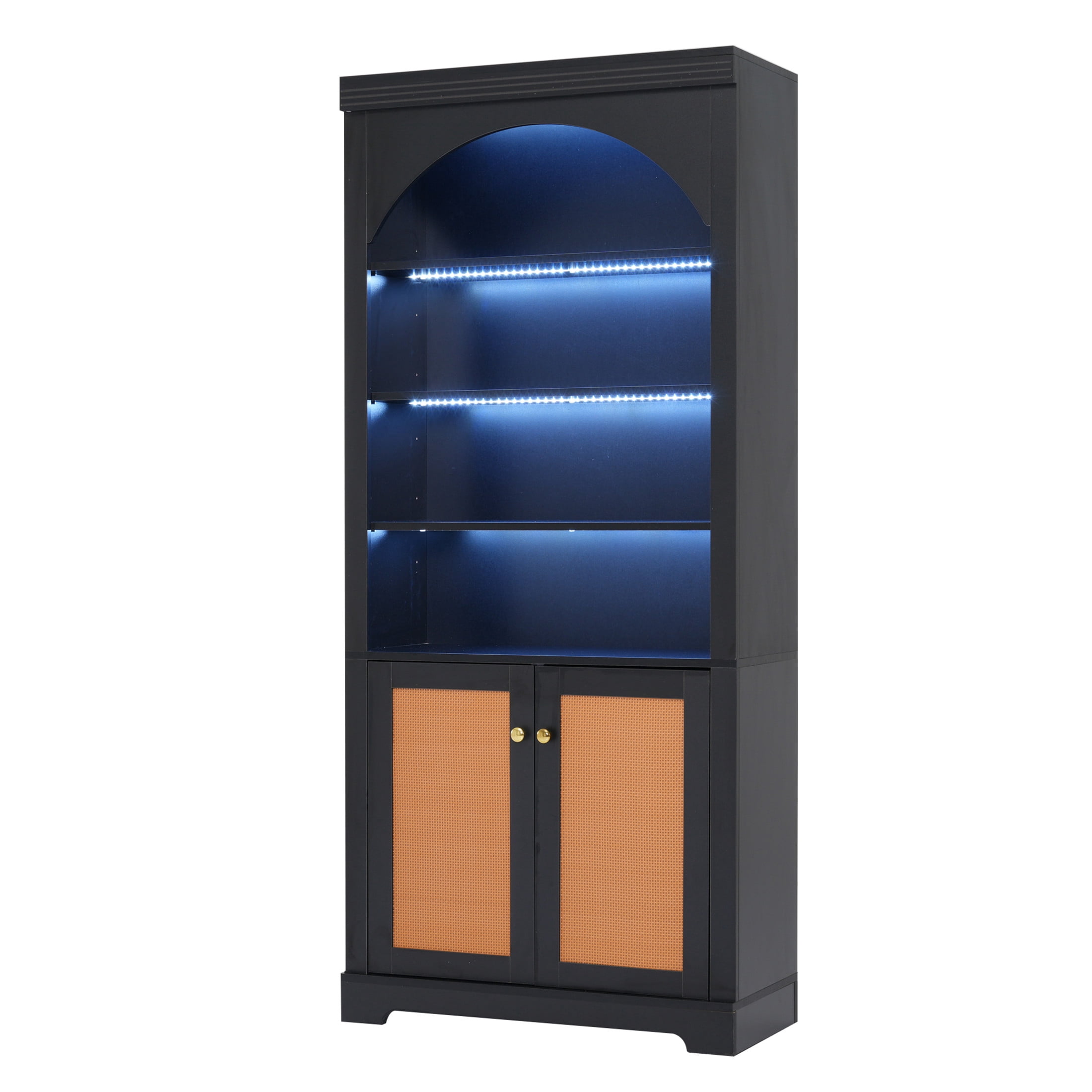 GDF Studio Arbor Arched Bookshelf with LED Lighting, Storage Cabinet & Adjustable Shelves for Home Office, Black & Brown, Set of 2