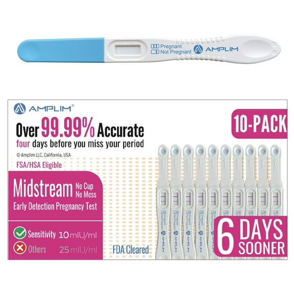 Amplim Early Detection HCG Pregnancy Test Sticks (HSA/FSA Eligible), 99.99% Accurate, Sensitive Midstream Home Medical Urine Test Kit for Women, Reliable Results 6 Days Sooner, 10 mIU/mL 10 Pack Bulk