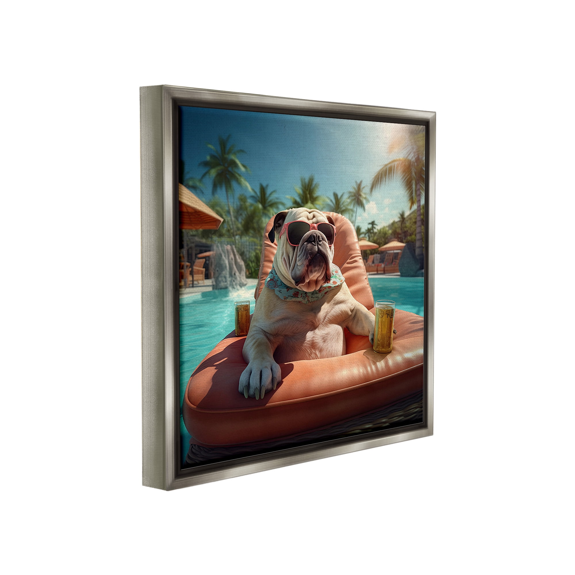 Stupell Industries Bulldog in Resort Pool Animals & Insects Painting Gray Floater Framed Canvas Art Print Wall Art, 25 x 25