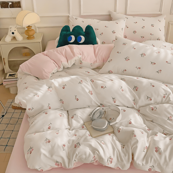 Nayoroom 3 Pieces Garden Pink Floral Queen Duvet Cover White Soft Small Cute Tulips Floral Bedding Set Chic Shabby Floral Botanical Duvet Cover