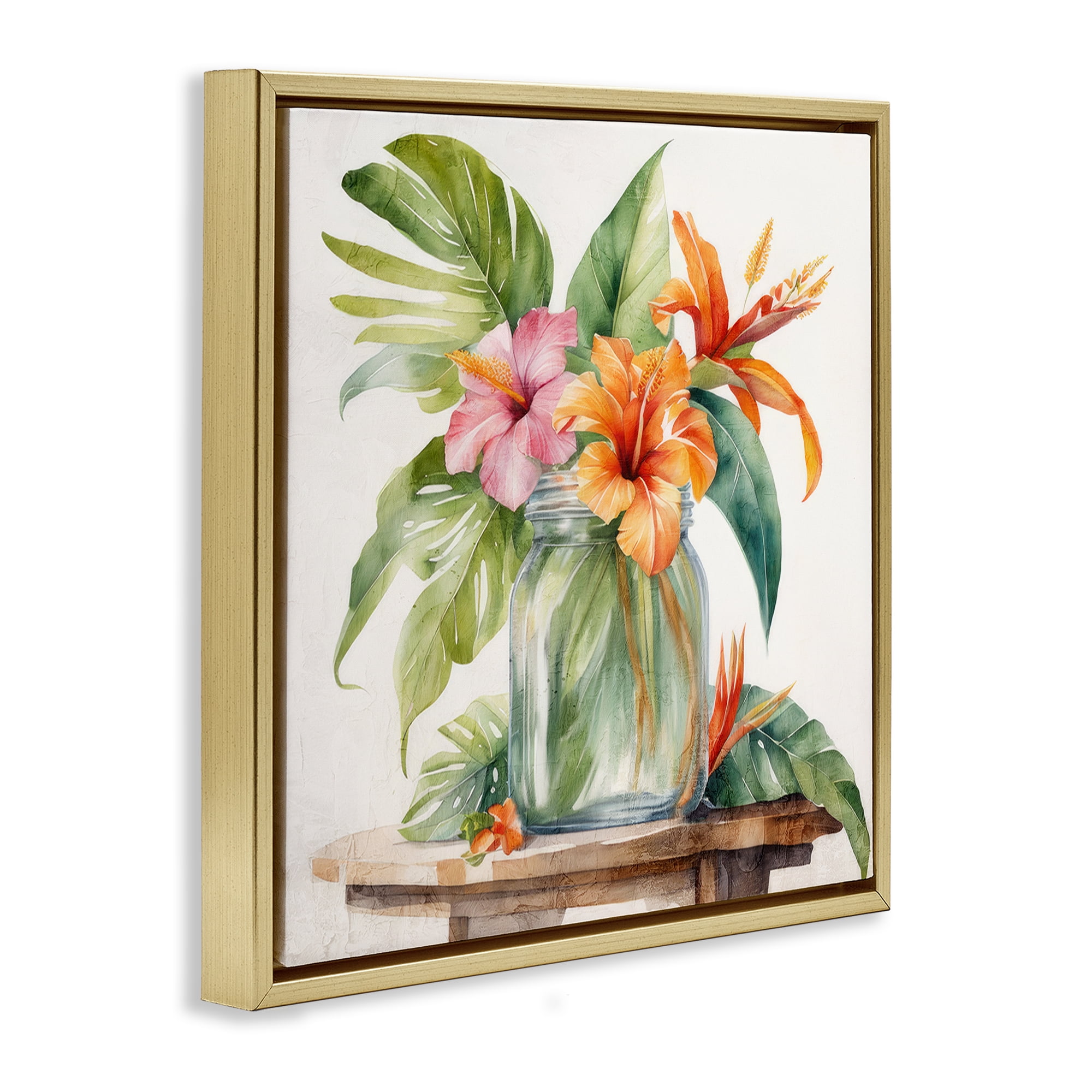 Stupell Industries Tropical Floral Jar Plants & Flowers Painting Gold Floater Framed Canvas Art Print Wall Art, 18 x 18