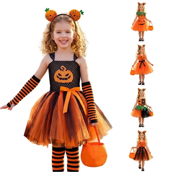 3PCS Pumpkin Halloween Dresses Kids Girls Princess Birthday Party Dress up Outfit with Headband Bags Set 10-12 Years