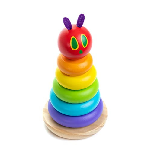 KIDS PREFERRED World of Eric Carle, The Very Hungry Caterpillar Wooden Stacker with Colorful Rainbow Rings, 7 Inch Stacking Solid Wood Educational Developmental Toy -Sorting and Stacking, Mu