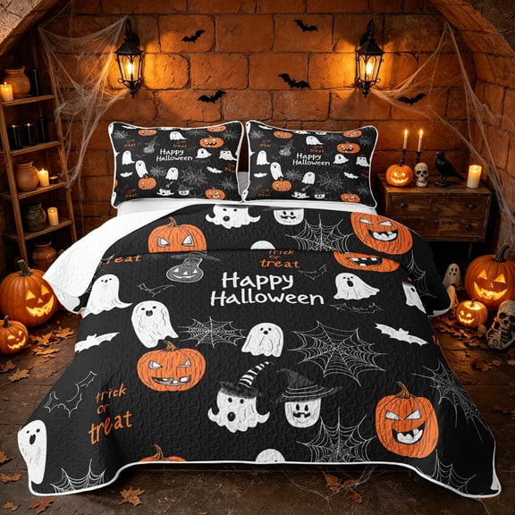 Erosebridal Spooky Animal Pumpkin Twin Quilt Set, Happy Halloween Twin Coverlet Set for Boys Girls, Black Orange White, 2 Pieces 1 Bedspread and 1 Pillowcase
