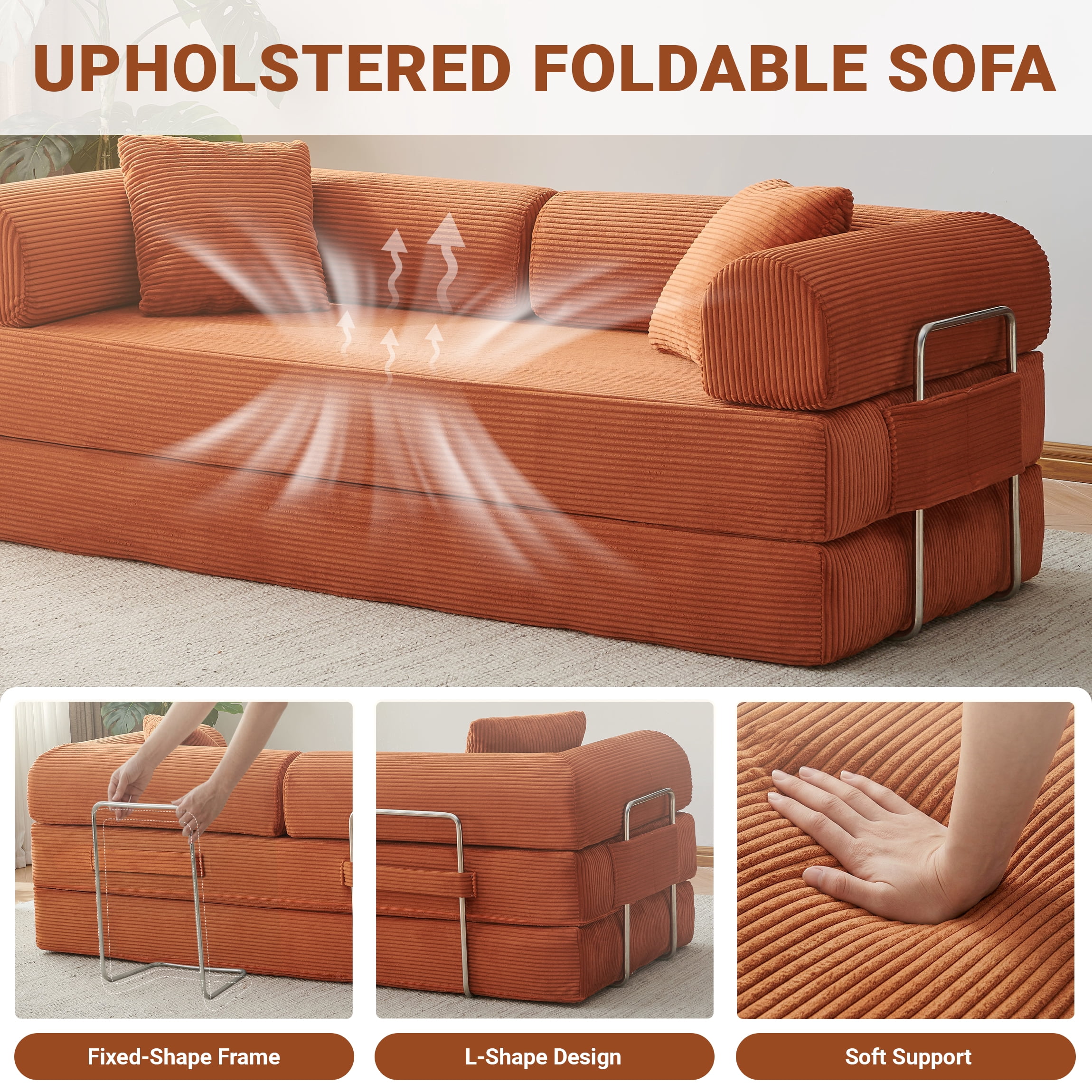 Vanress 78" Convertible Sofa Bed, Folding Sleeper Sofa Couch Bed with Fixed-Shape Frame, Pull-Out Sleeper Loveseat, Corduroy Boneless Futon Bed, No Assembly Required for Living Room & Bedroom, Orang