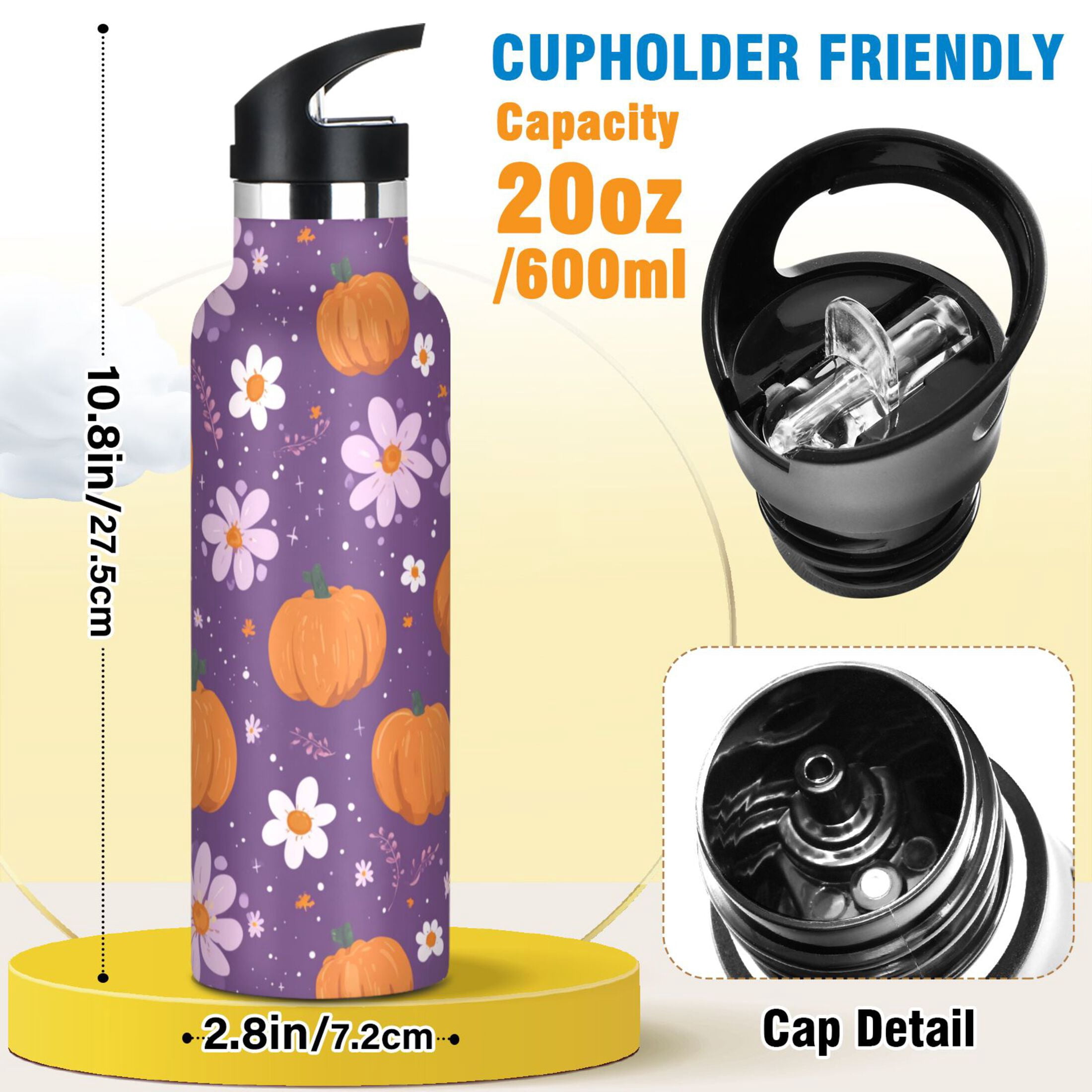 Kids Insulated Stainless Steel Sports Water Bottle 600ml (20oz) Orange Pumpkins and Flowers