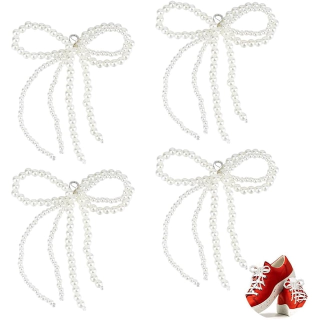 4 Adornos para zapatos con lazo de perlas, cadena de perlas, clips para zapatos con cierre de aleación, colgante de perlas con cuentas