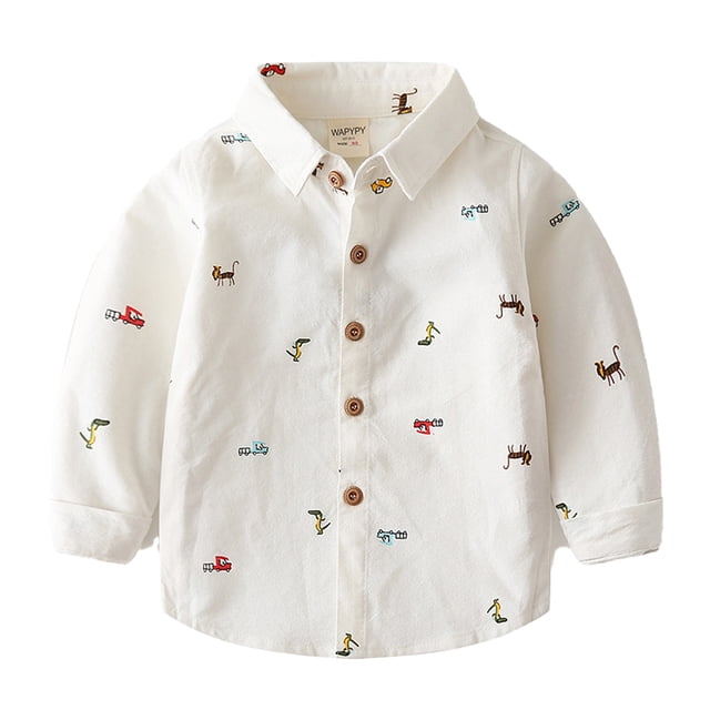 Qudderr Chemise Boutonnée pour Garçons 2-7T pour Enfants Bébé Manches Longues Chemises Habillées pour Garçons Imprimé Intégral Dessin Animé Hauts Décontractés Blouse de Printemps Automne pour Tout-Petits Vêtements pour Garçons