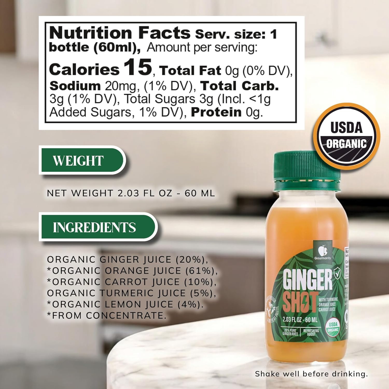 Gourmanity Organic Ginger Shots, 12 x 2.03oz/60 ml,  Potent Ginger and Turmeric Shot with Orange and Carrot Juice, No Additives