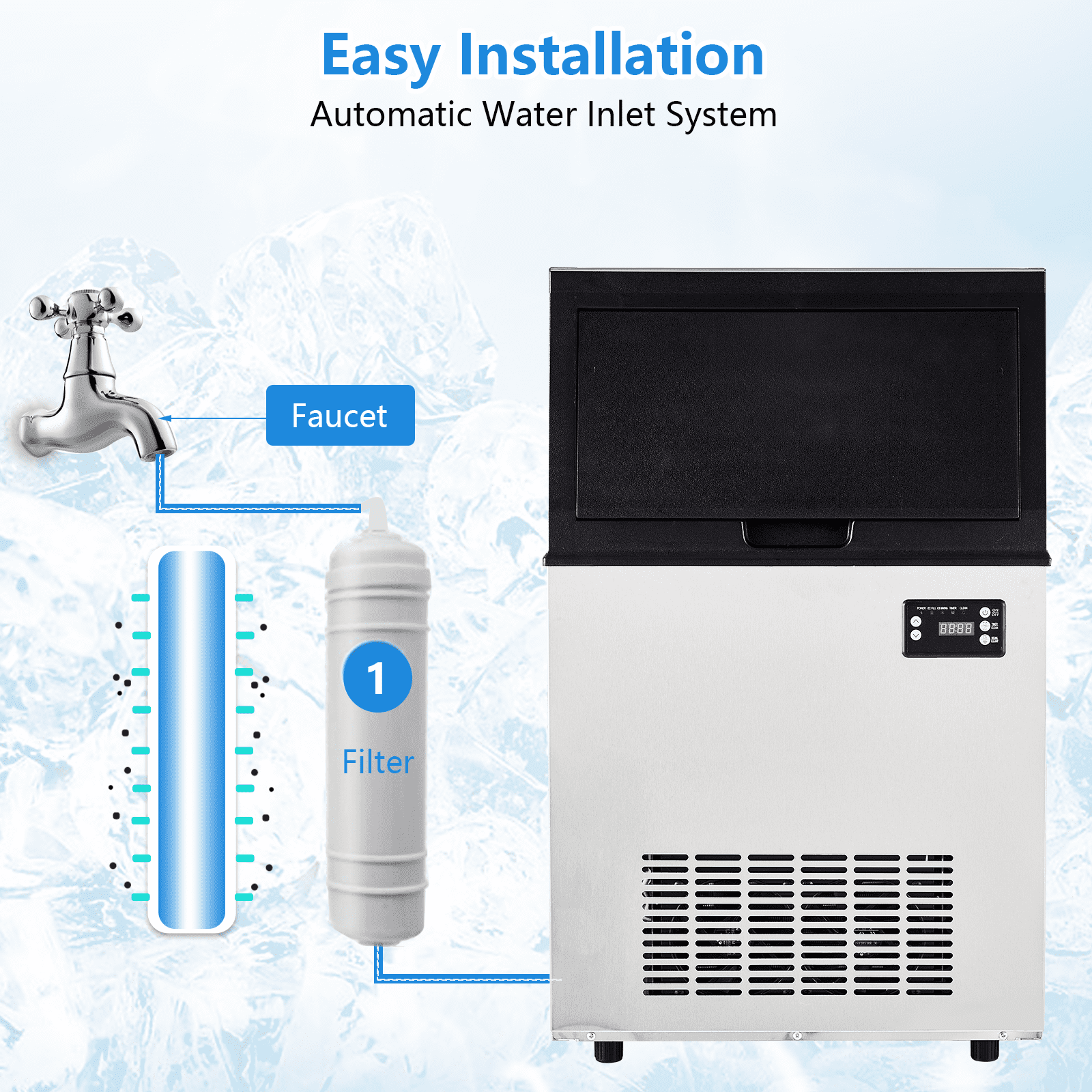 High Efficiency Commercial Ice Maker – 100lbs/24H Output, 33lbs Storage, Freestanding Stainless Steel, Makes 50 Cubes in 8-15 Mins, Under Counter, 2 Water Inlet Modes, Water Filter & Scoop Included