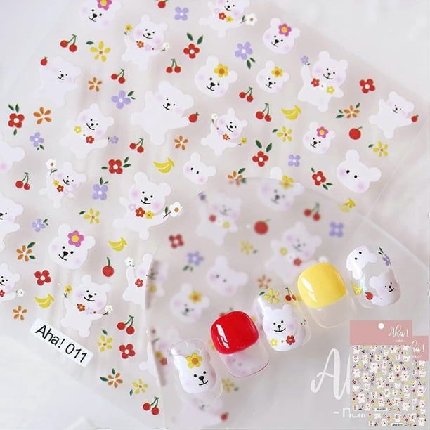 Bear Flower Nail Art Stickers Decals Banana Cherry Fruit Nail Art Sticker 3D Self Adhesive DIY Design Fashion Trend Glamour (2 Sheets)