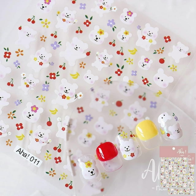 Bear Flower Nail Art Stickers Decals Banana Cherry Fruit Nail Art Sticker 3D Self Adhesive DIY Design Fashion Trend Glamour (2 Sheets)