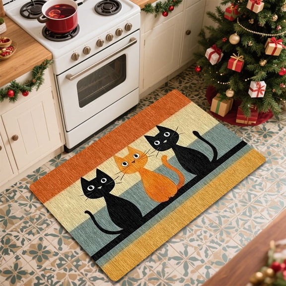 YHAICO Soft Crystal Velvet Kitchen Rug - Cute Cat Print Absorbent Floor Mat with Non-Slip Bottom for Bathroom, Entryway, Door Mat