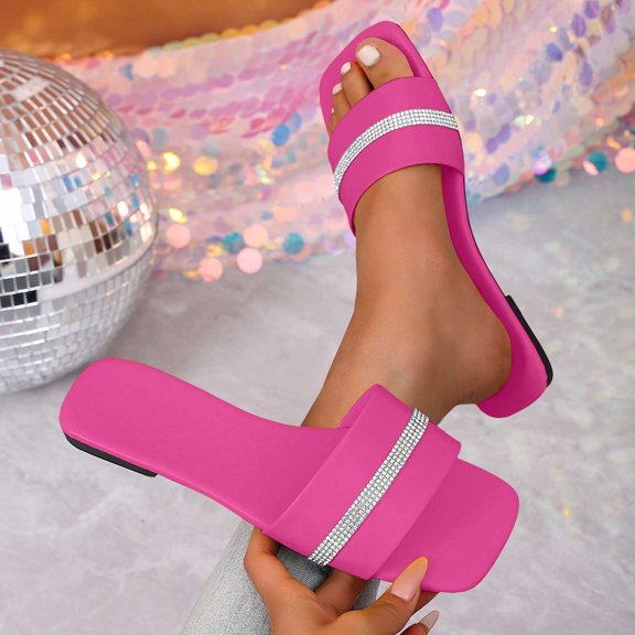 Xdegoge Slides Sandals Women Open Toe Rhinestone Single Band Flat Slides Square Toe Sparkly Crystal Slip On Slippers Casual Poolside Shoes