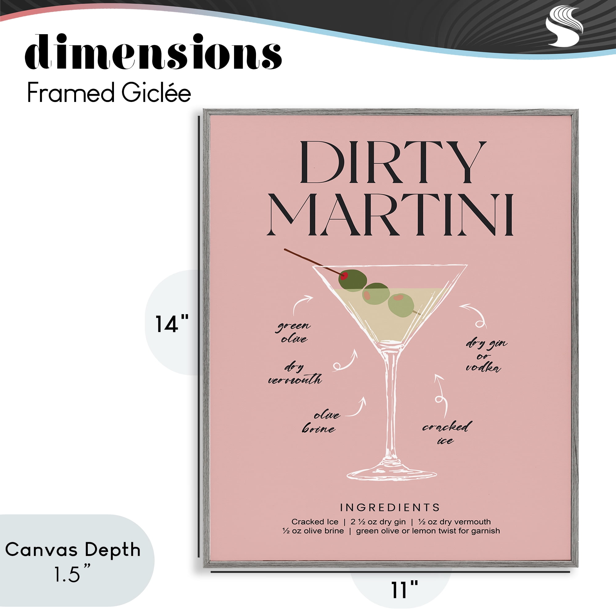 Stupell Industries Dirty Martini Pink Recipe Gray Framed Giclee Art, design by Lettered and Lined