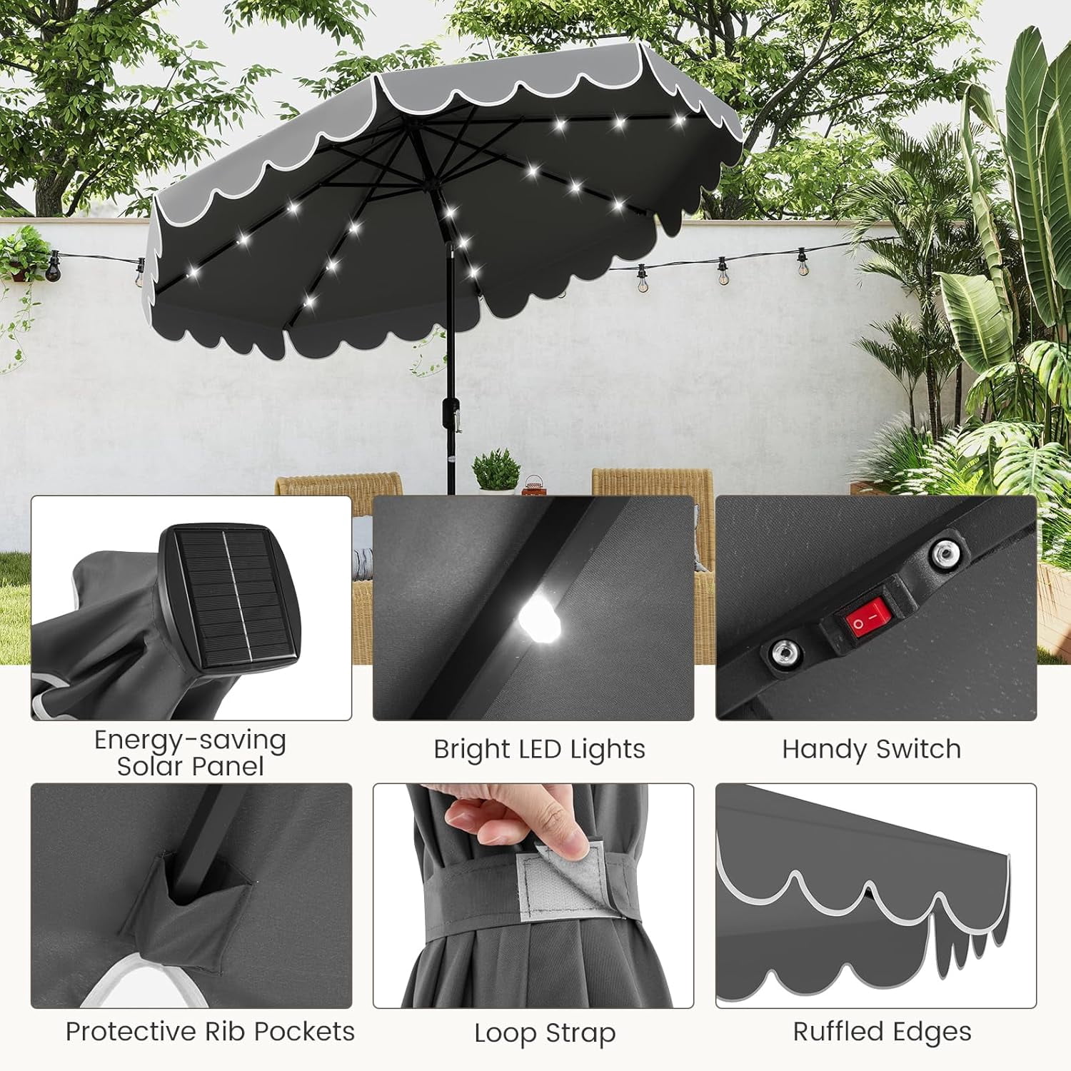ZYPPP 9 FT Solar Patio Umbrella, 2-Tiers Scalloped Outdoor Table Market Umbrella with 32 LED Lights, Vented Top, Tilt Adjustment, Crank, 8 Ribs for Backyard Poolside Deck Beach Lawn (Gray)