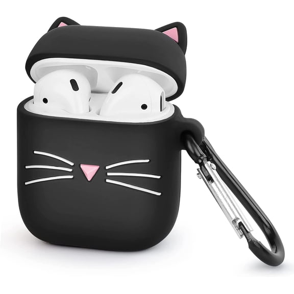 Cute Airpods Case, Airpods 2 Case, Funny 3D Cartoon Animals Black Whisker Cat Kitty Full Protection Shockproof Soft Silicone Charging Case Cover Skin with Keychain for Airpods 1&2