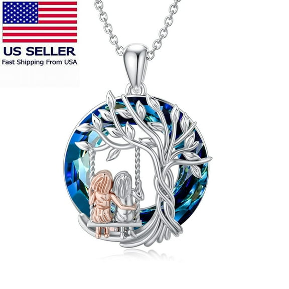 Fruilibee Tree of Life Always My Sister Forever with Blue Crystal Pendant Necklace, Alloy