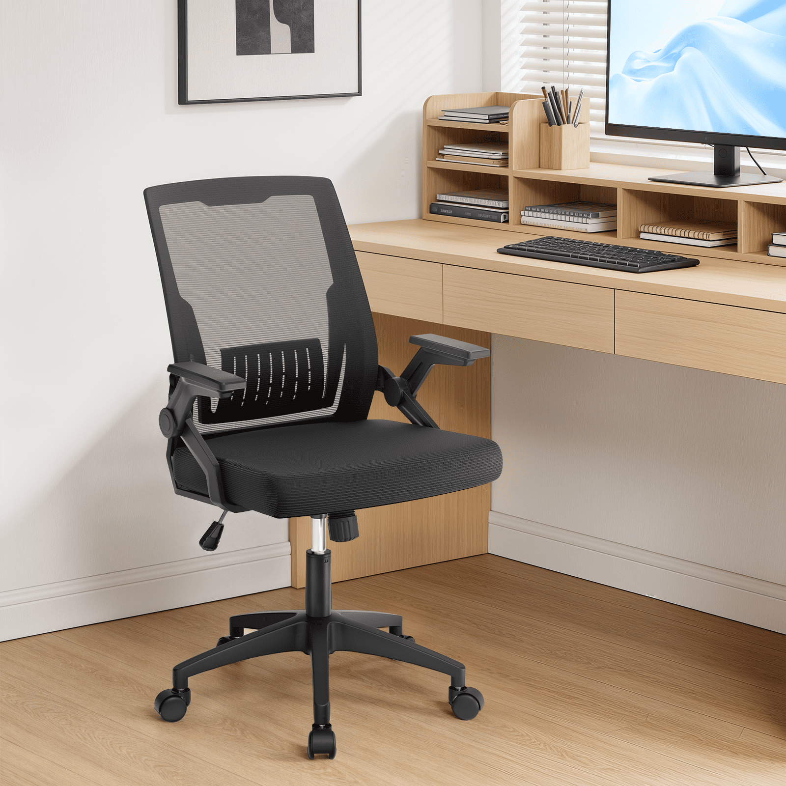 Monibloom Ergonomic Office Chair for Adults, Flip-Up Adjustable Armrest, 135° Reclining Tilt Lock, Thick Cushion Mesh Back, Home Desk Chair