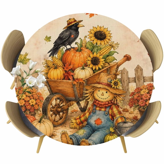 Round Table Cover 36-44 Inch Thanksgiving Waterproof Reusable Table Cloth Round Fitted Vinyl Tablecloth with Elastic Edged for Parties Outdoors, Fall Harvest Punpkin Maple Leaf Farmhouse