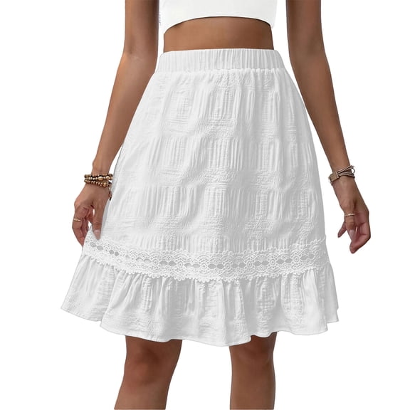 Womens Cute Lace Skirts Elastic High Waist Ruffled Hem Knee Length Skorts Summer Dressy Casual Built In Shorts Skirt