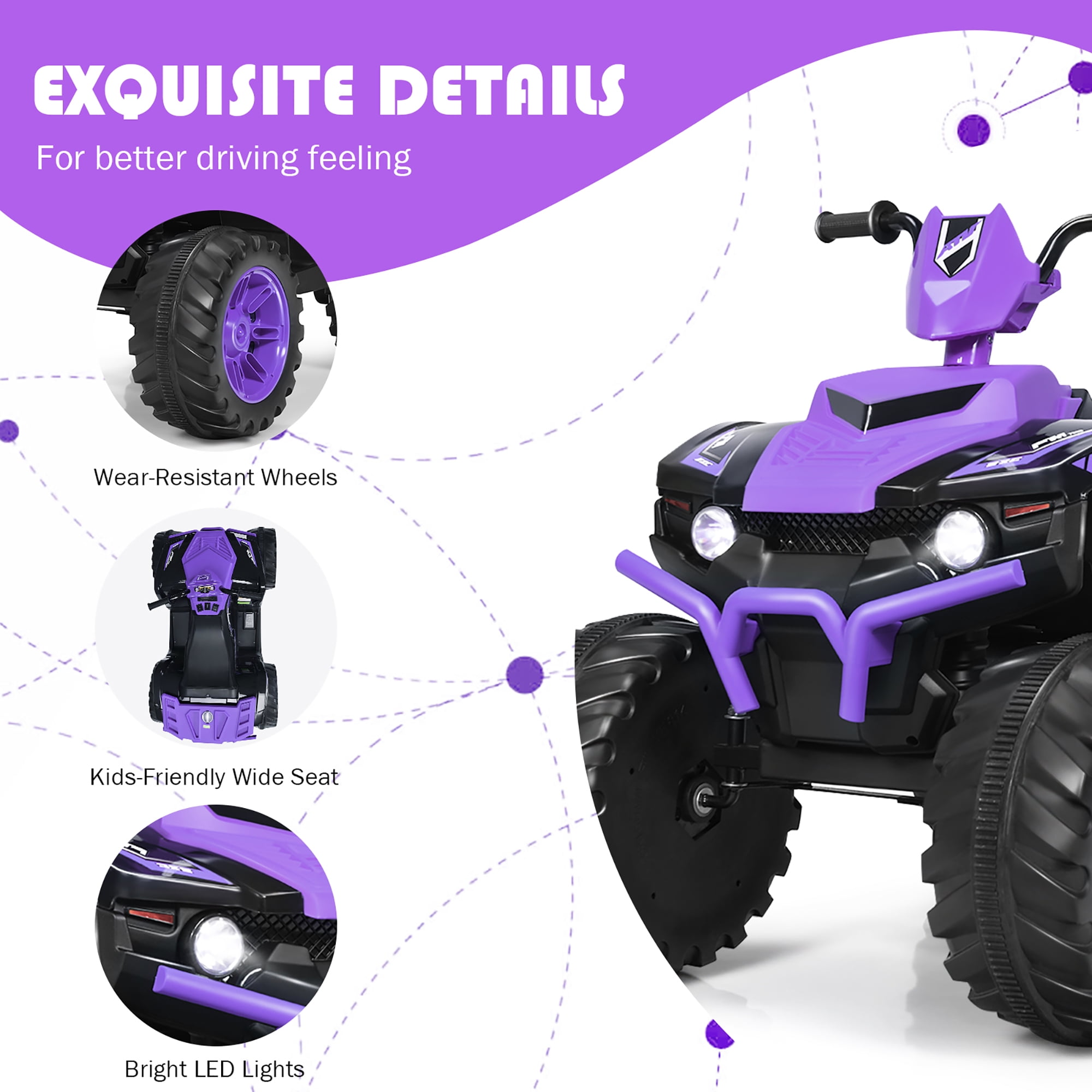 Costway 12V Kids 4-Wheeler ATV Quad Ride on Car W/ LED Lights Music USB Purple