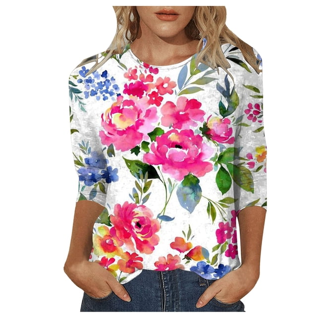 TSADFHJI Chandails en Molleton pour Femmes Coton T-Shirt Décontracté à Imprimé Floral Col Rond Manches 3/4 Coupe Ample TTTG