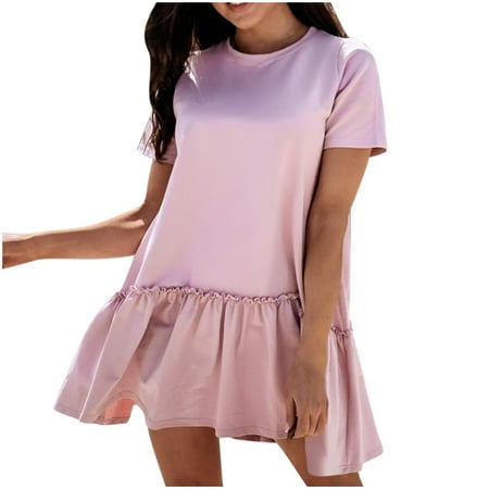 

Ladies Summer Fall Peplum Dress Basic Casual Loose Fit Short Sleeve Crewneck Short Dress Sleepshirt for Women B4