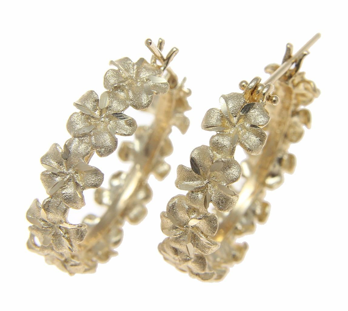 14K yellow gold Hawaiian plumeria flower diamond cut hoop earrings