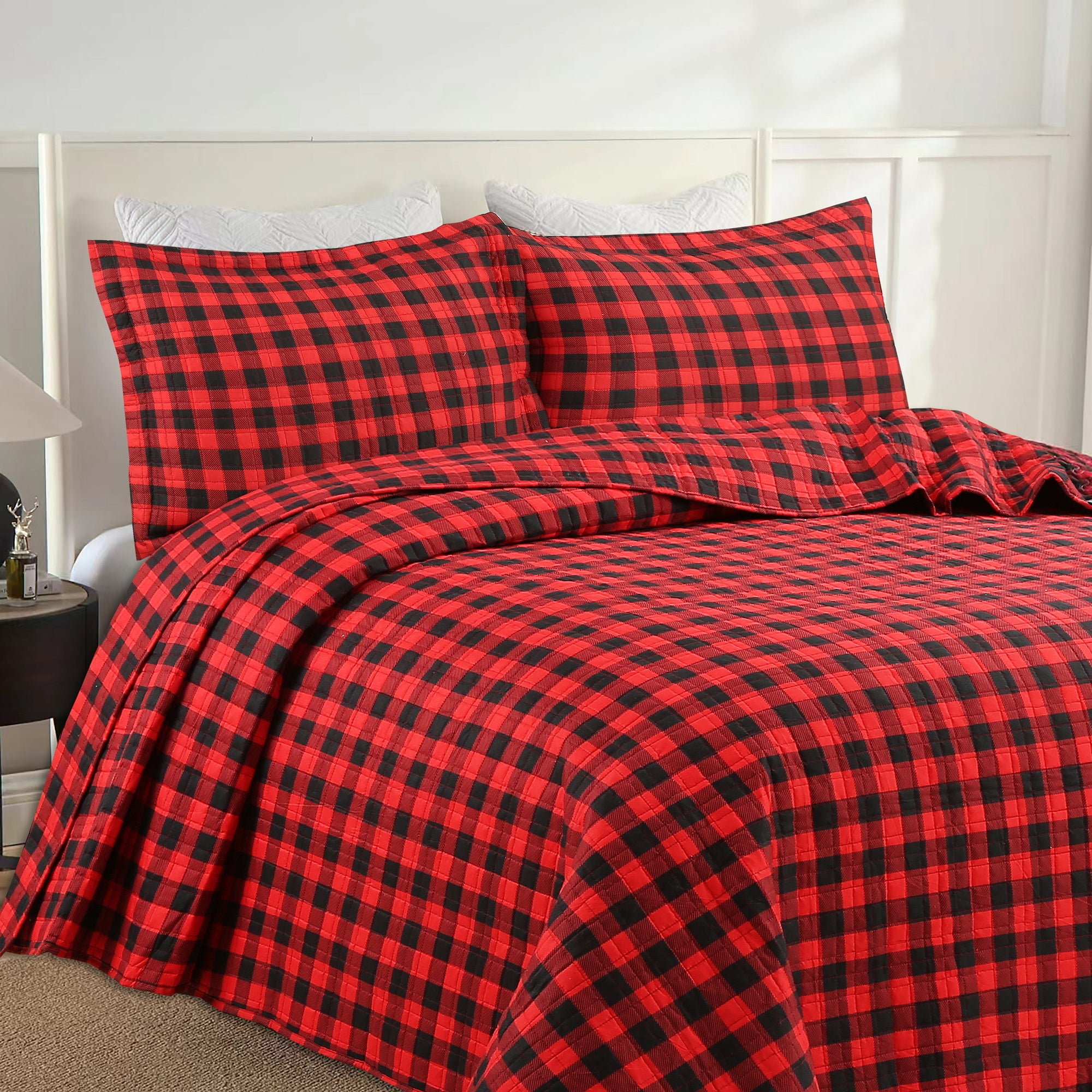 3-Piece Christmas Buffalo Plaid Quilt Set – Red & Black Gingham Bedspread ME506