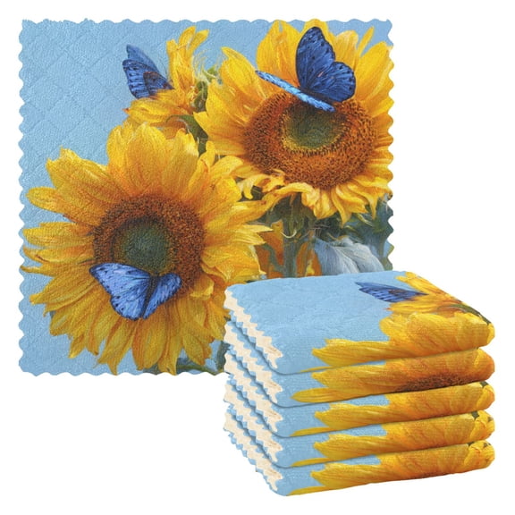 6 Pieces of Kitchen Towels 11x11Inch Kitchen Dish Cloths Kitchen Dish Towels Reuseable Cleaning Cloths Sunflowers and Butterflies