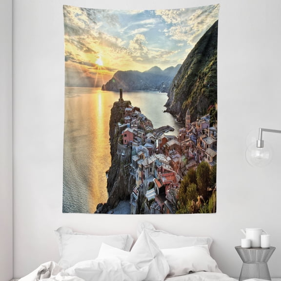 Vernazza Tapestry, Amazing Sunrise Photo of Small Mediterranean Coastal Village on Cliffs in Italy, Wall Hanging for Bedroom Living Room Dorm Decor, 60W X 80L Inches, Multicolor, by Ambesonne