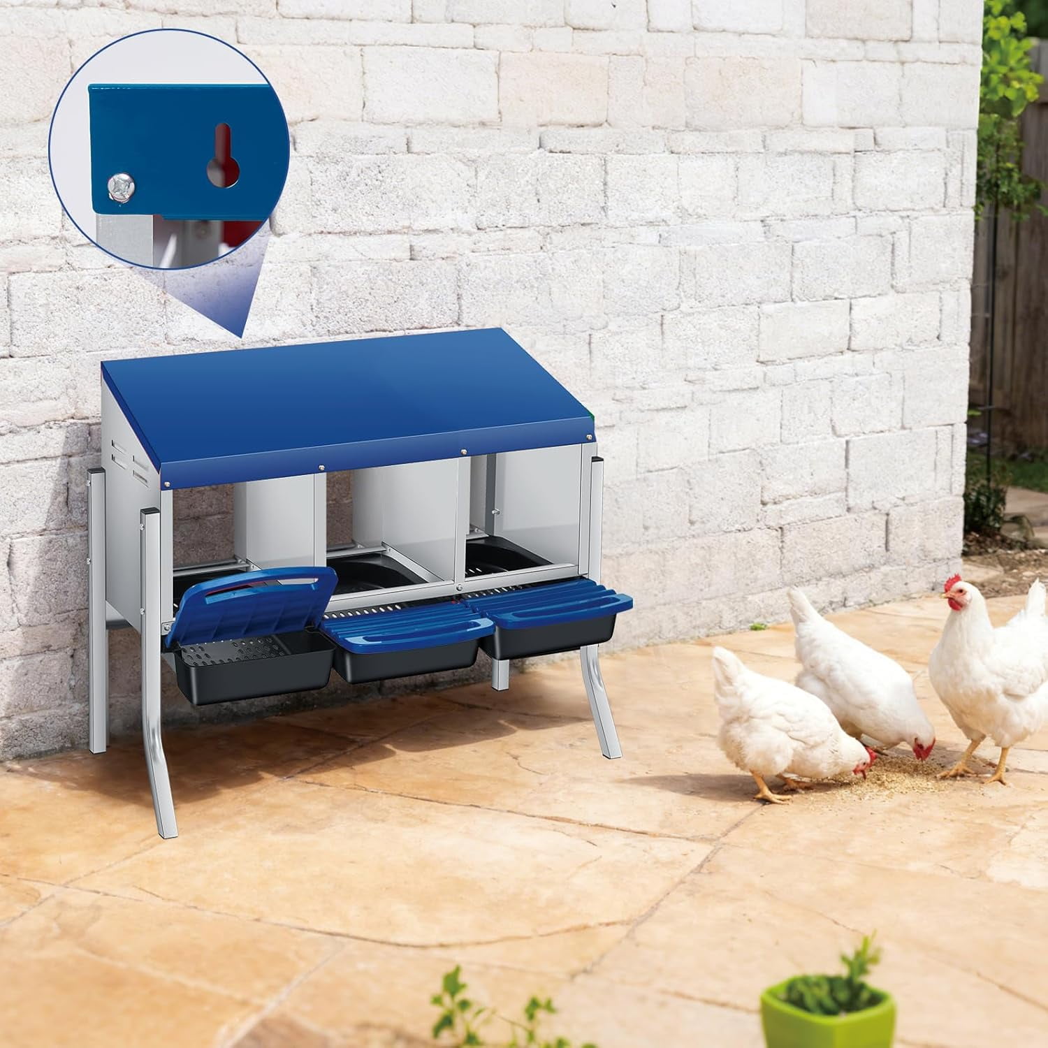 Sunvasagoo Zinc Alloy Chicken Nesting Box, 3/4 Hole Roll Away Egg Laying Box w/ Removable Tray, Wall Mount or Freestanding