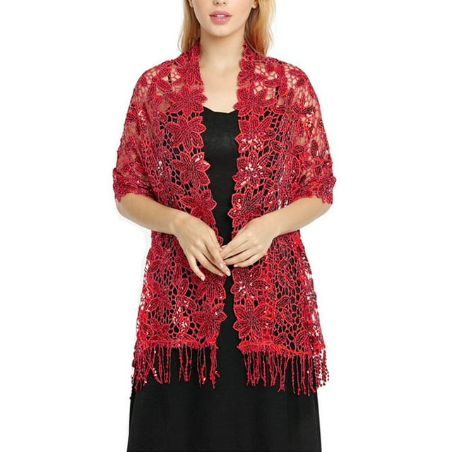 fastboy Foulard Élégante pour Femmes Broderie Légère à Franges Robe de Soirée Châle Demoiselle d'Honneur Mariage Châles Vêtements Rouges