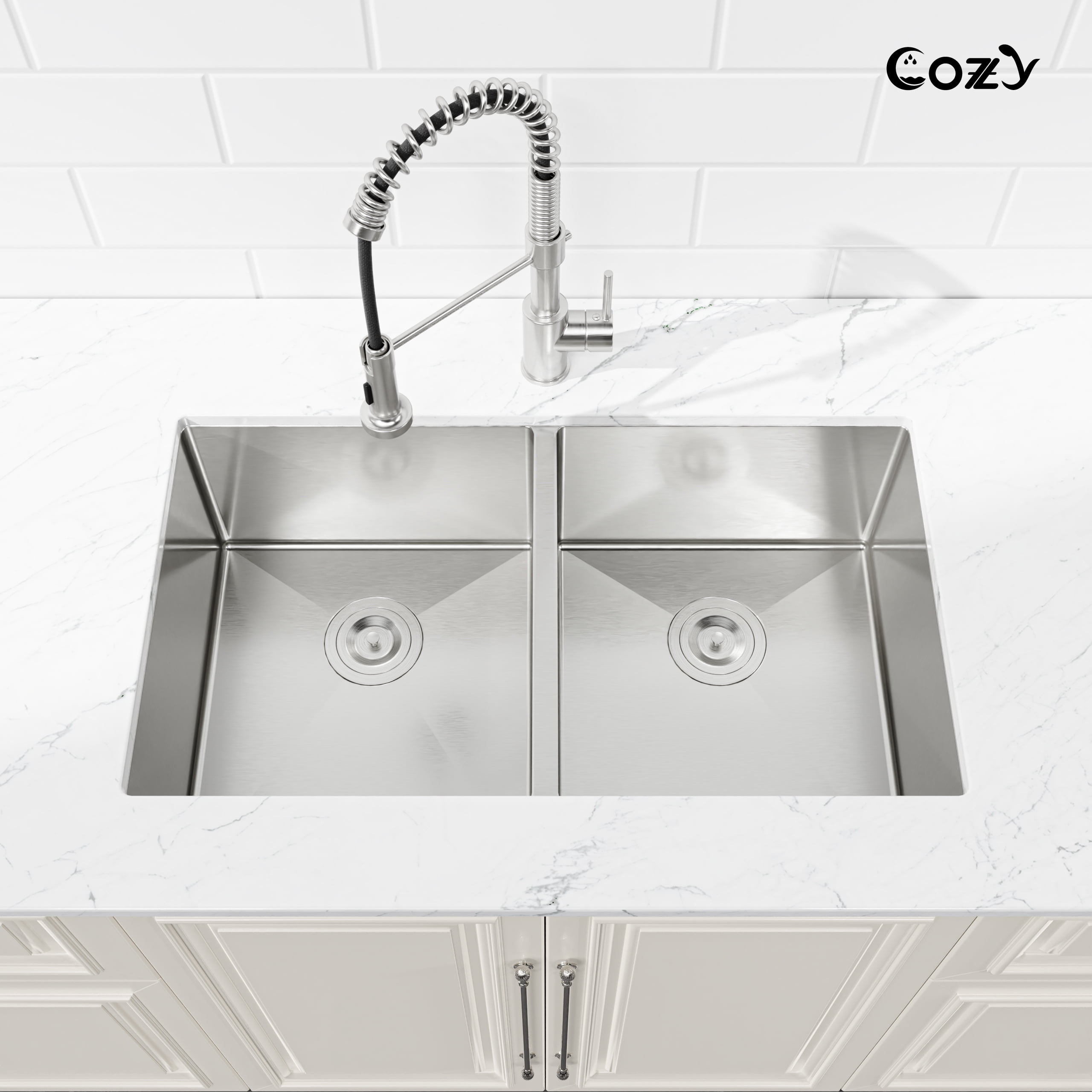 COZY Black Stainless Steel Kitchen Sink, Drop In Double Bowl, Undermount Handmade Sink in Matte Black, with US Standard Drain and Hook.