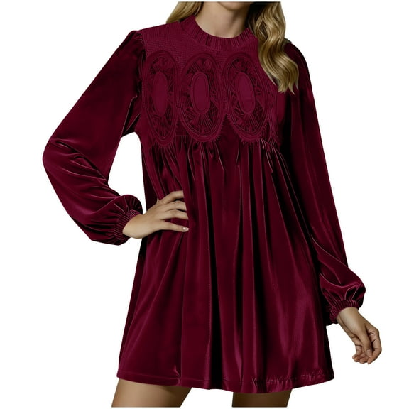 Women's Velvet Babydoll Dress with Lace Crew Neck Long Sleeve Pleated Swing Christmas New Years Eve Mini Dresses (XL, Wine)