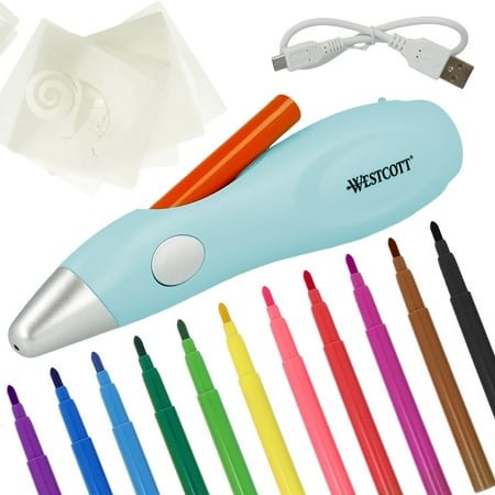 Westcott Magic Pen Airbrush Set for Adults and Children with 12 Felt Markers & 10 Stencils for Painting & Crafting, Battery Charged with USB Cable, Mint Color