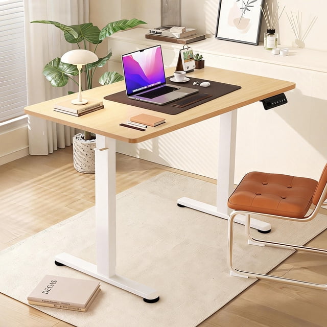 MAISNTAYS Electric Height Adjustable Desk - White with Nature Wood Color