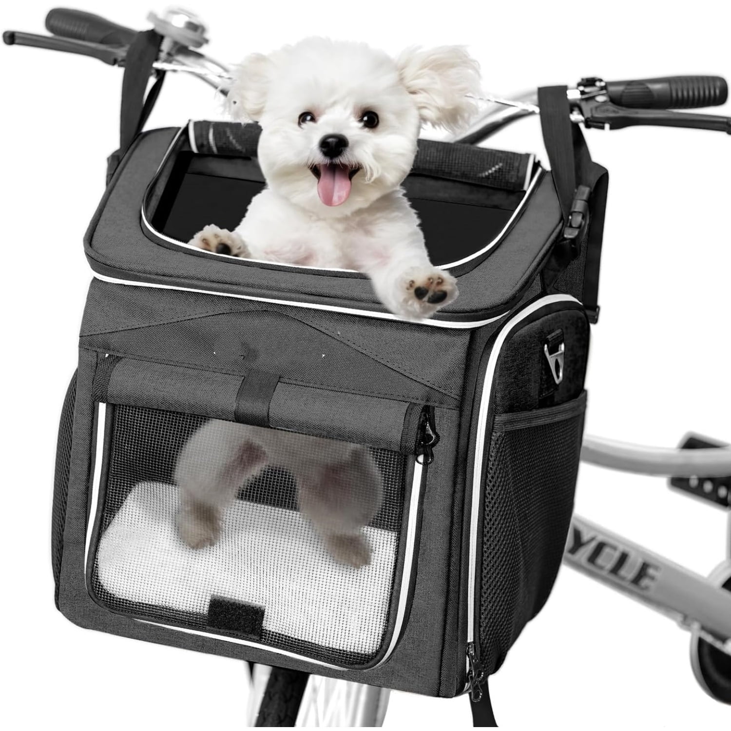Dog Bike Basket Carrier, Expandable Foldable Soft-Sided Dog Carrier, 2 Open Doors, 5 Reflective Tapes, Pet Travel Bag,Dog Backpack Carrier  and Easy for Small Medium Cats and Dogs(Black)